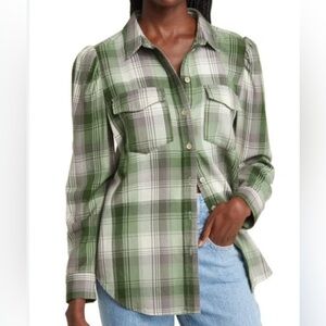 Treasure & Bond Hilda Green Plaid Puff Shoulder Button Down Shirt Top Size Small